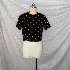 Black Sunflower Print Tee Shirt Baggy Cropped Cute Tee Oversize